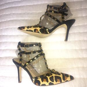 Leopard print BCBG Rockstud pony skin heels